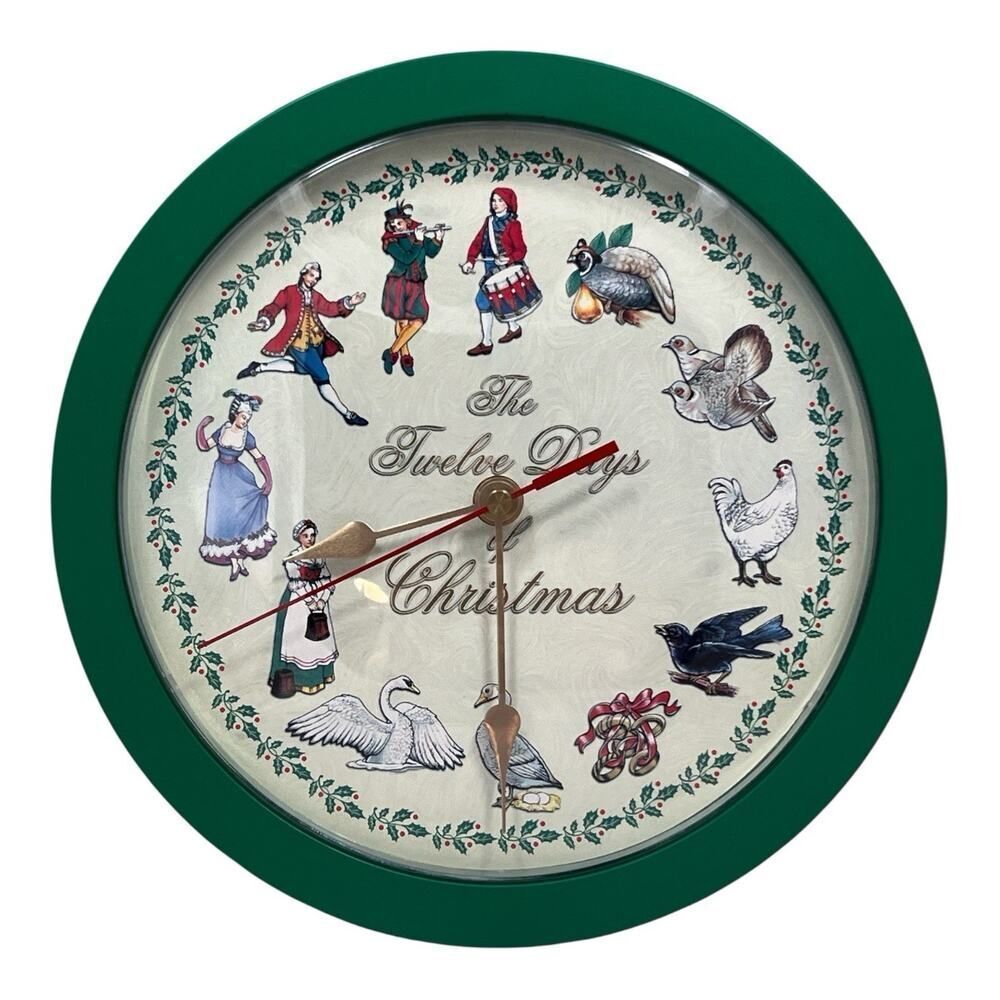 12 Days of Christmas Musical Clock 9 1/2 inches Green Tested Works